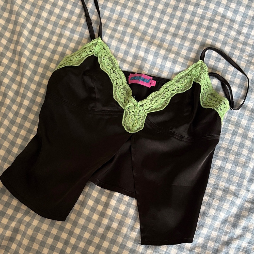 Edikted Black Chemise with Green Lace Trim